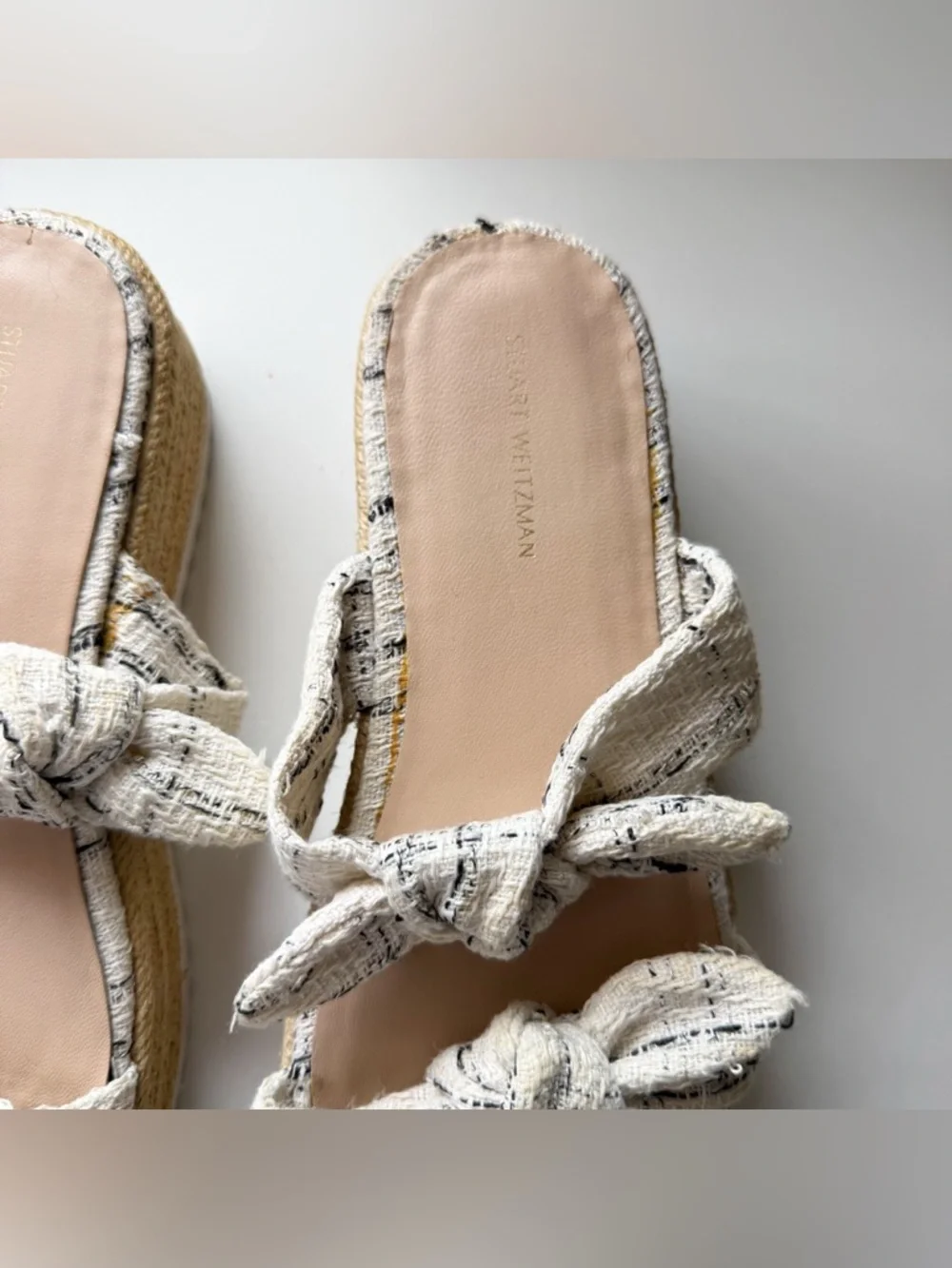 Stuart Weitzman Designer Tweed Bow Bandeau Espadrille Platform Sandals Size 8